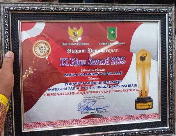 Selamat! Partai Golkar Riau Raih Komisi Informasi Award 2023 Sebagai Partai Paling Informatif